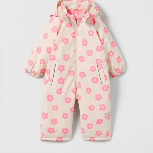 ZARA KIDS WATER REPELLENT PRINTED PADDED JACKET NWT a pink daisy 9/12m - Picture 1 of 4